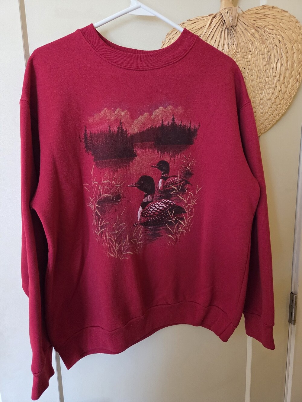 Northern Reflections Red Crewneck Sweater with Loon Print